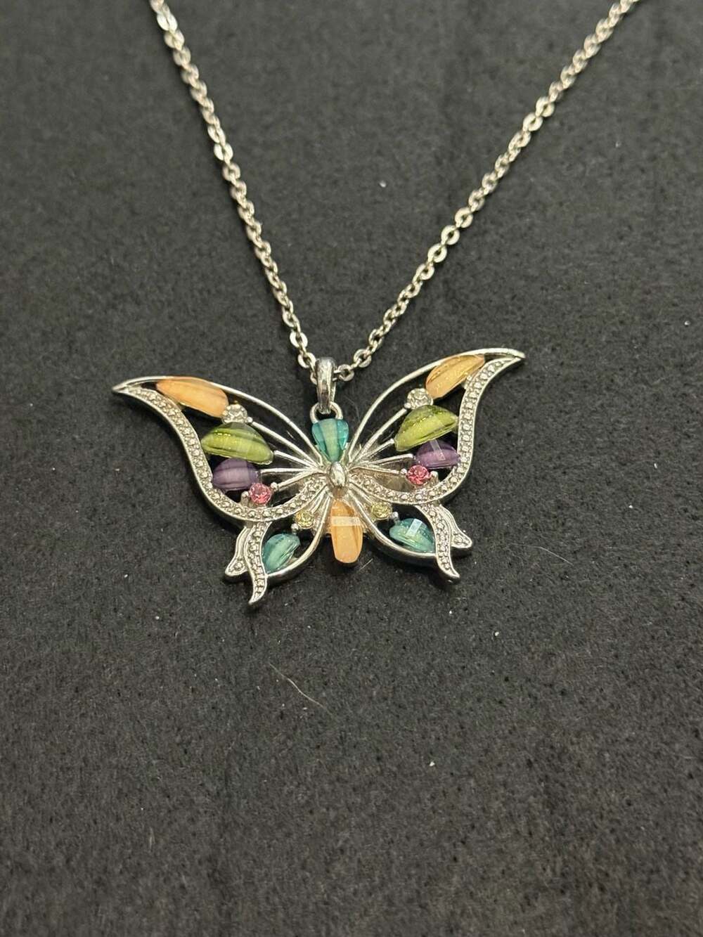 Vintage Multi Color Gemstone Encrusted Butterfly Sterling Necklace